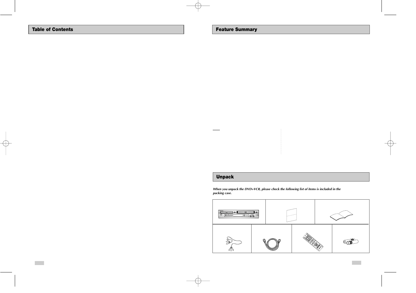 Welcome, Feature summary, Unpack | Op en /cl os e po wer, Eject dvd/vcr progressive | Samsung DVD-V3650 User Manual | Page 4 / 35