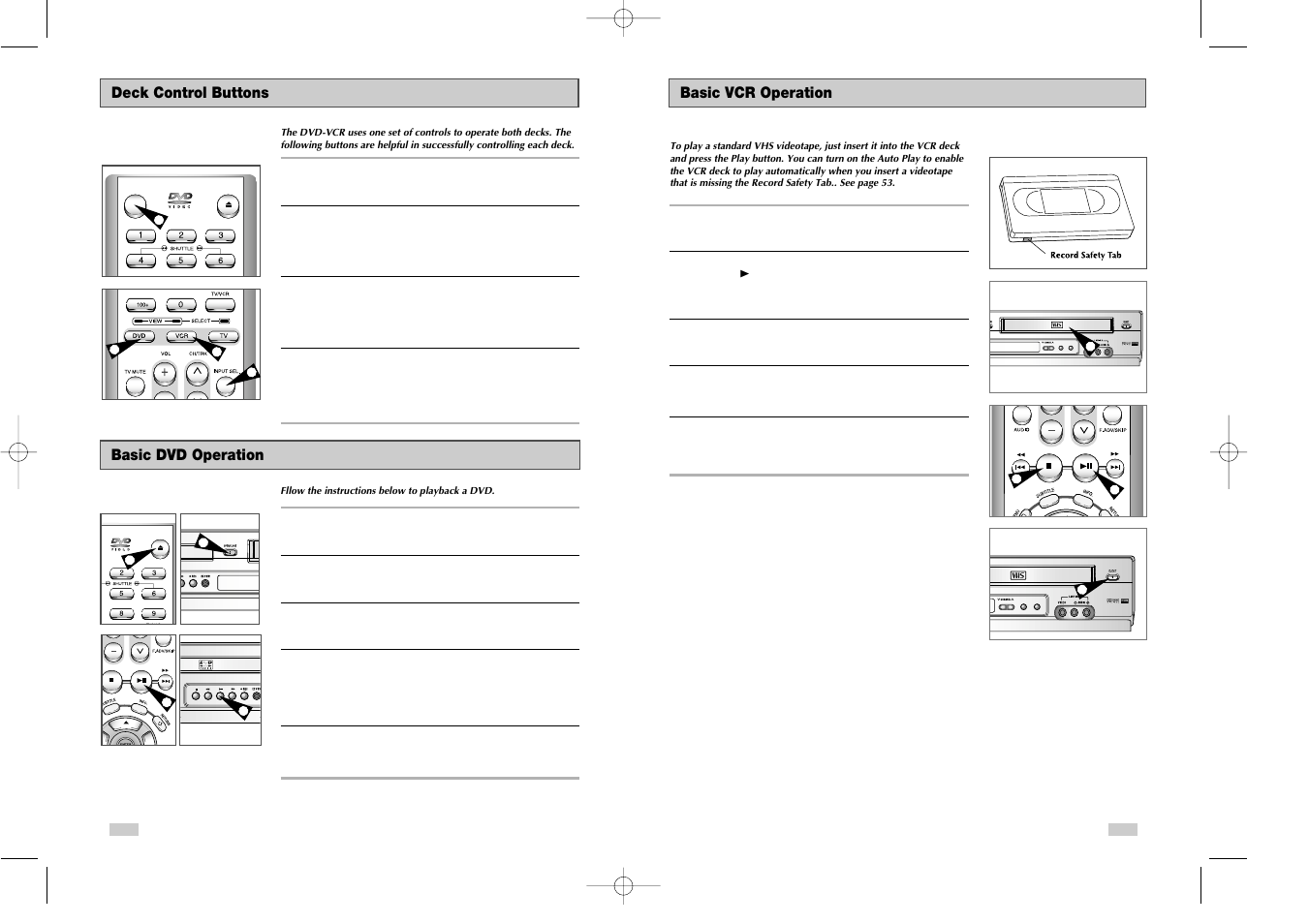 3 - basic operation, Deck control buttons, Basic dvd operation | Basic vcr operation, Eject dvd/vcr progressive | Samsung DVD-V3650 User Manual | Page 8 / 35