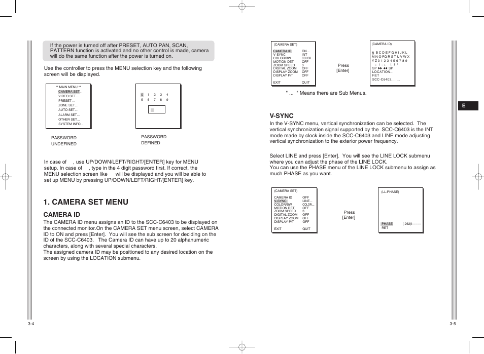 Camera set menu, Camera id, V-sync | Samsung SCC-C6403 User Manual | Page 15 / 29