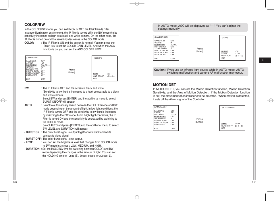 Motion det, Color/bw | Samsung SCC-C6403 User Manual | Page 16 / 29