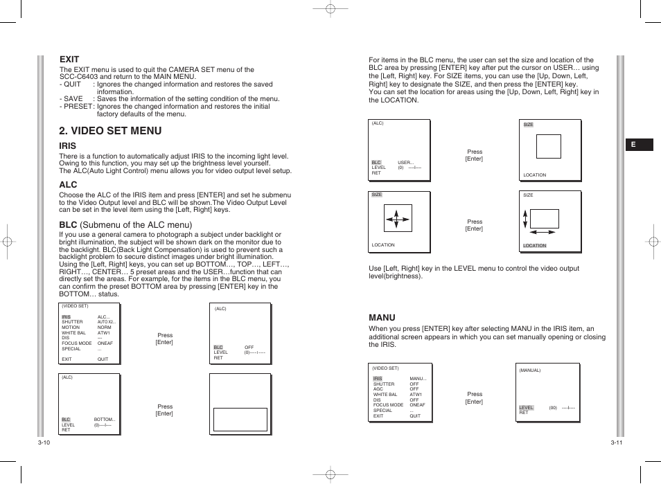 Video set menu, Blc (submenu of the alc menu), Manu | Iris, Exit | Samsung SCC-C6403 User Manual | Page 18 / 29