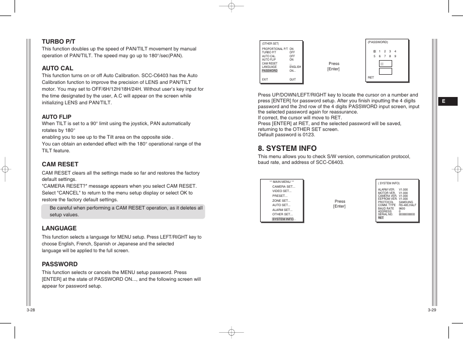 System info, Turbo p/t, Auto cal | Cam reset, Language, Password | Samsung SCC-C6403 User Manual | Page 27 / 29