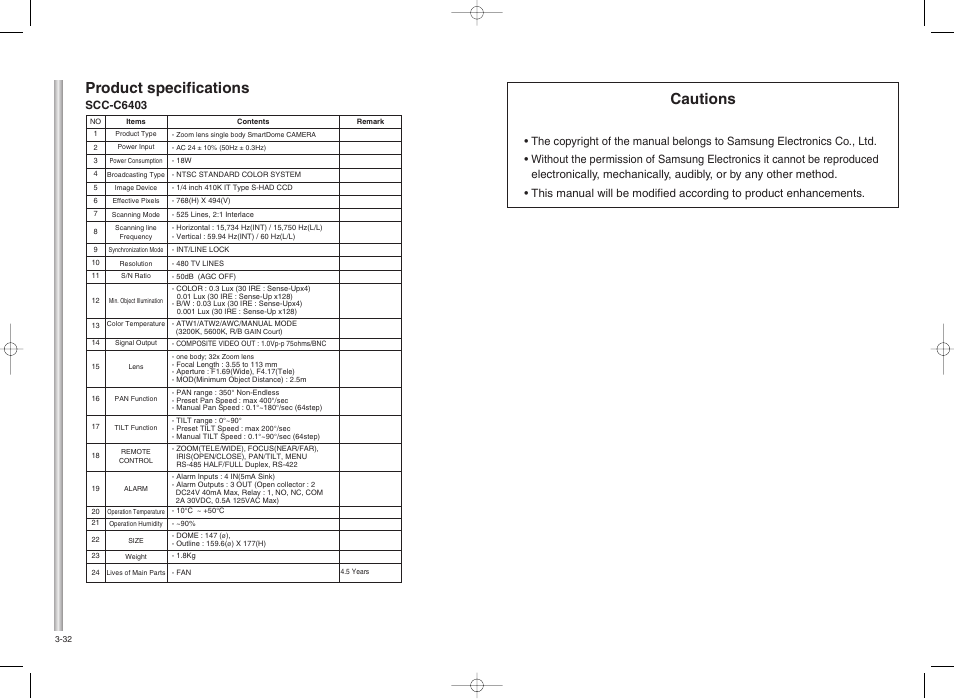 Product specifications, Cautions, Scc-c6403 | Samsung SCC-C6403 User Manual | Page 29 / 29