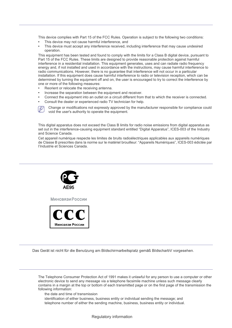 Radio frequency emissions, Russia only, Germany only fax branding | Samsung SF-650 User Manual | Page 12 / 84