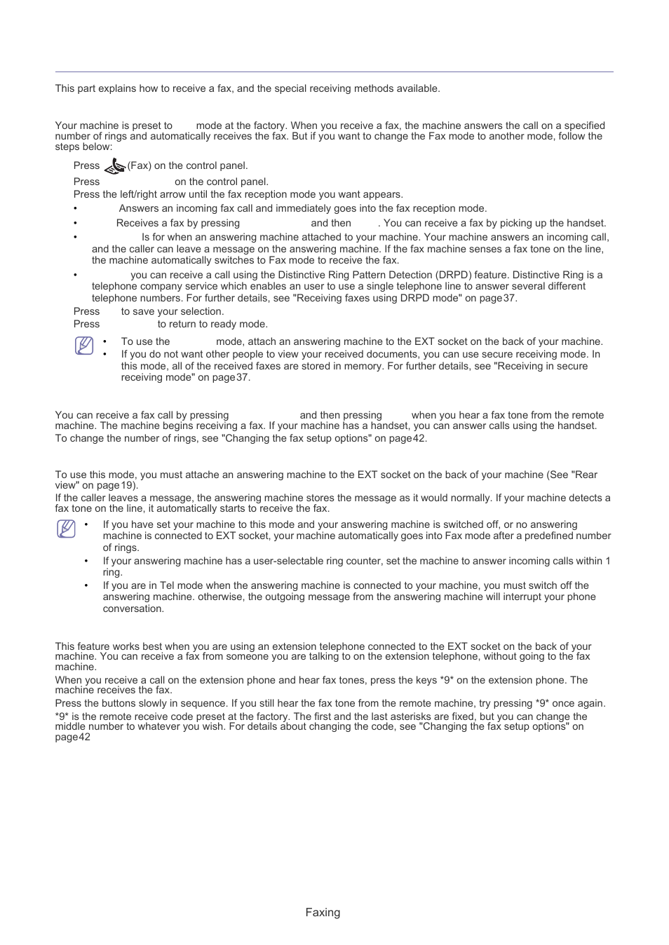 Receiving a fax, Changing the receive modes, Receiving manually in tel mode | Samsung SF-650 User Manual | Page 37 / 84