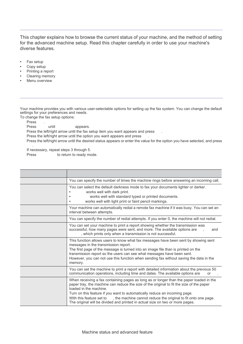 Machine status and advanced feature, Fax setup, Changing the fax setup options | Available fax setup options, Changing the fax setup options" on | Samsung SF-650 User Manual | Page 43 / 84