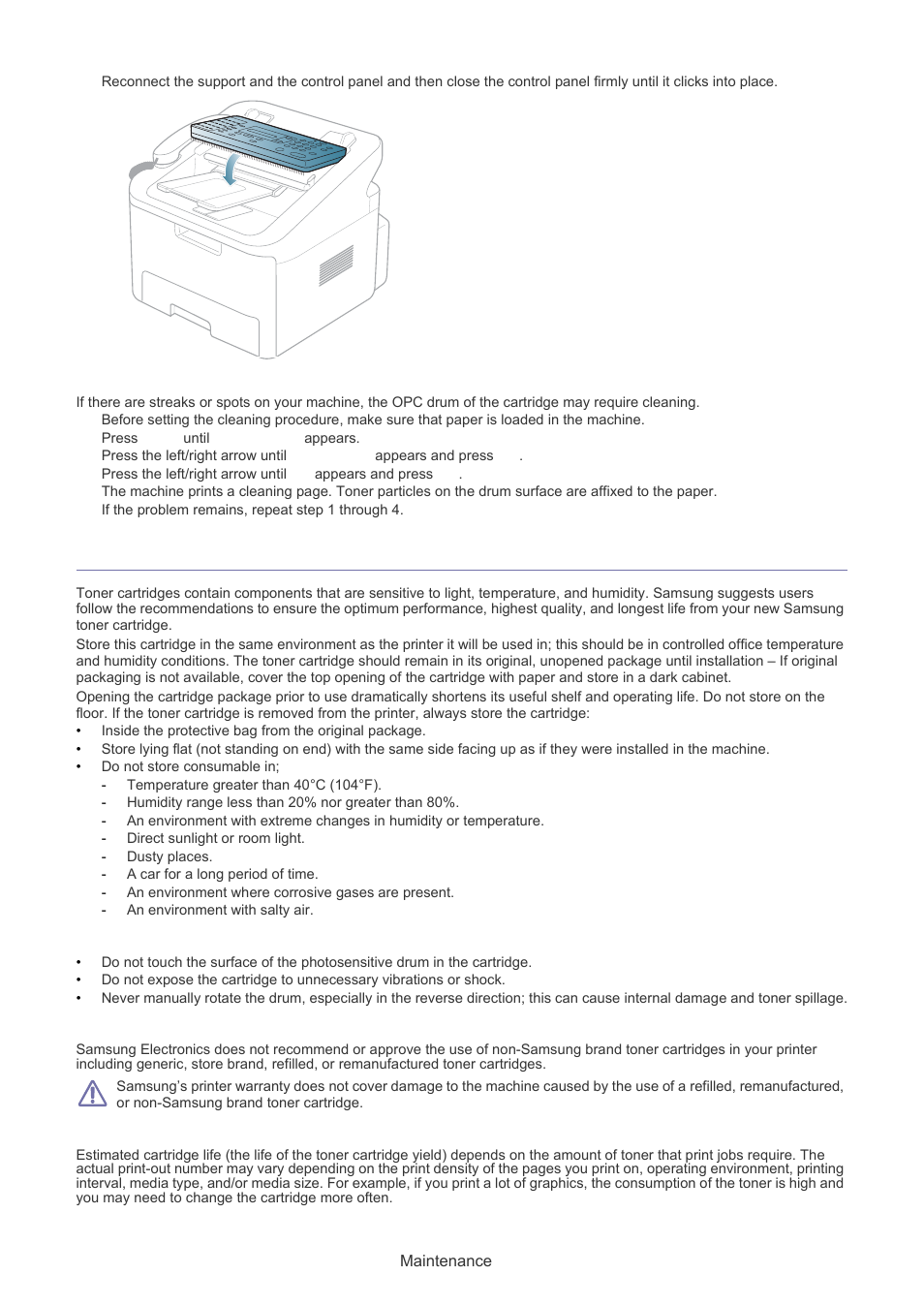 Storing the toner cartridge, Cleaning the drum, Handling instructions | Use of non-samsung and refilled toner cartridge, Estimated cartridge life | Samsung SF-650 User Manual | Page 52 / 84