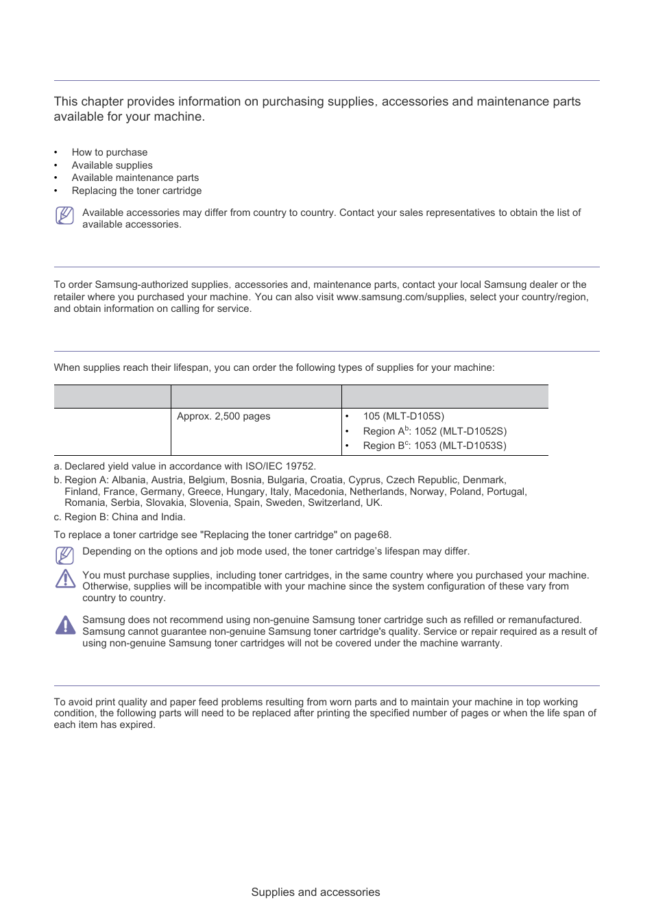 Supplies and accessories, How to purchase, Available supplies | Available maintenance parts | Samsung SF-650 User Manual | Page 68 / 84