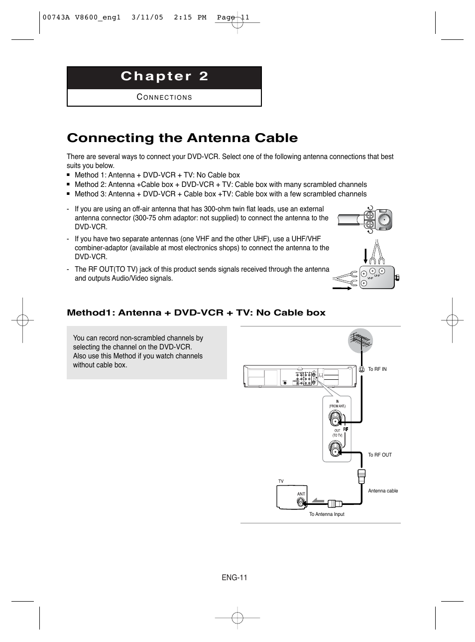 Chapter 2 connections, Connecting the antenna cable | Samsung DVD-V8600 User Manual | Page 11 / 87