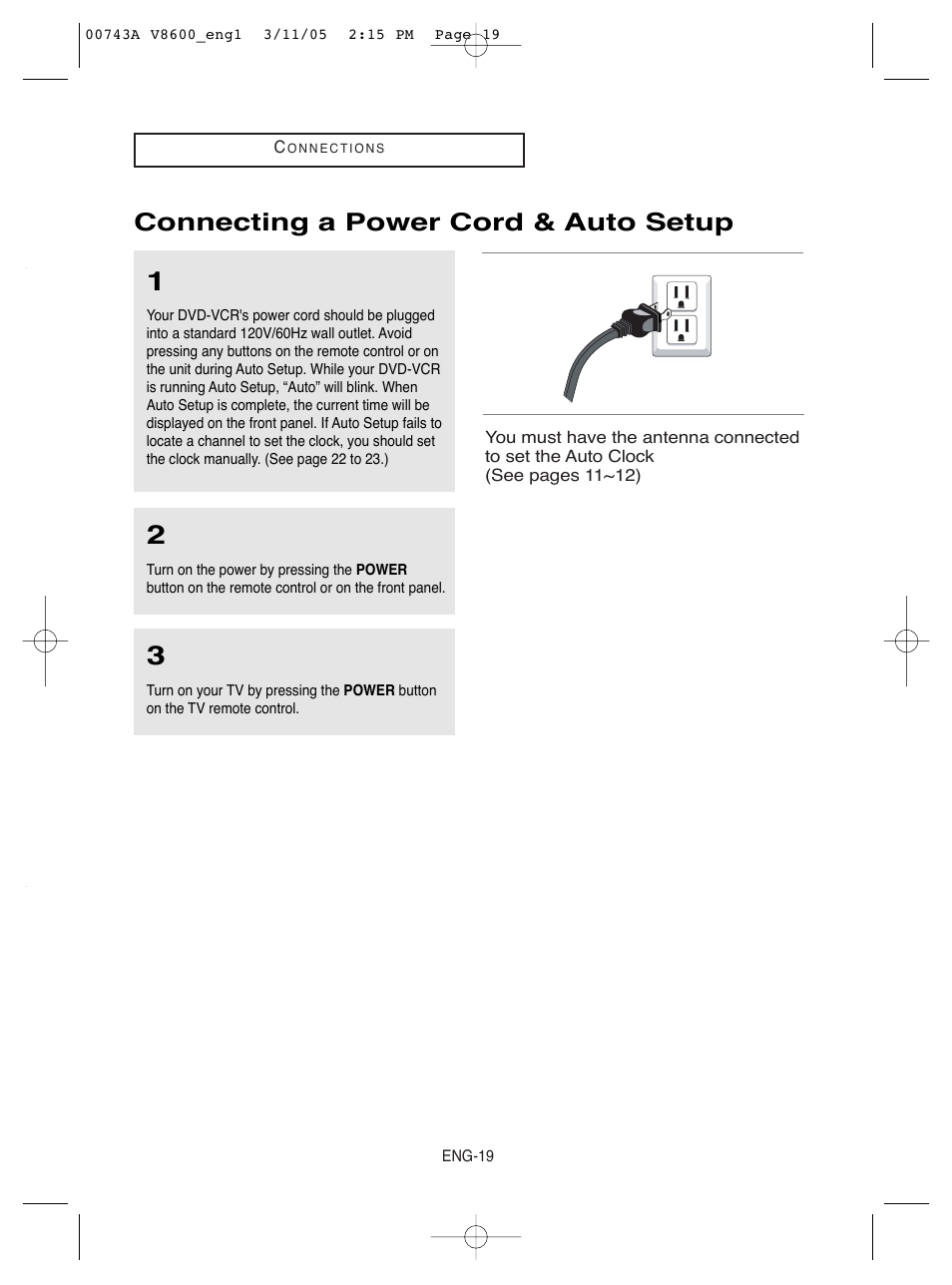 Connecting a power cord & auto setup | Samsung DVD-V8600 User Manual | Page 19 / 87