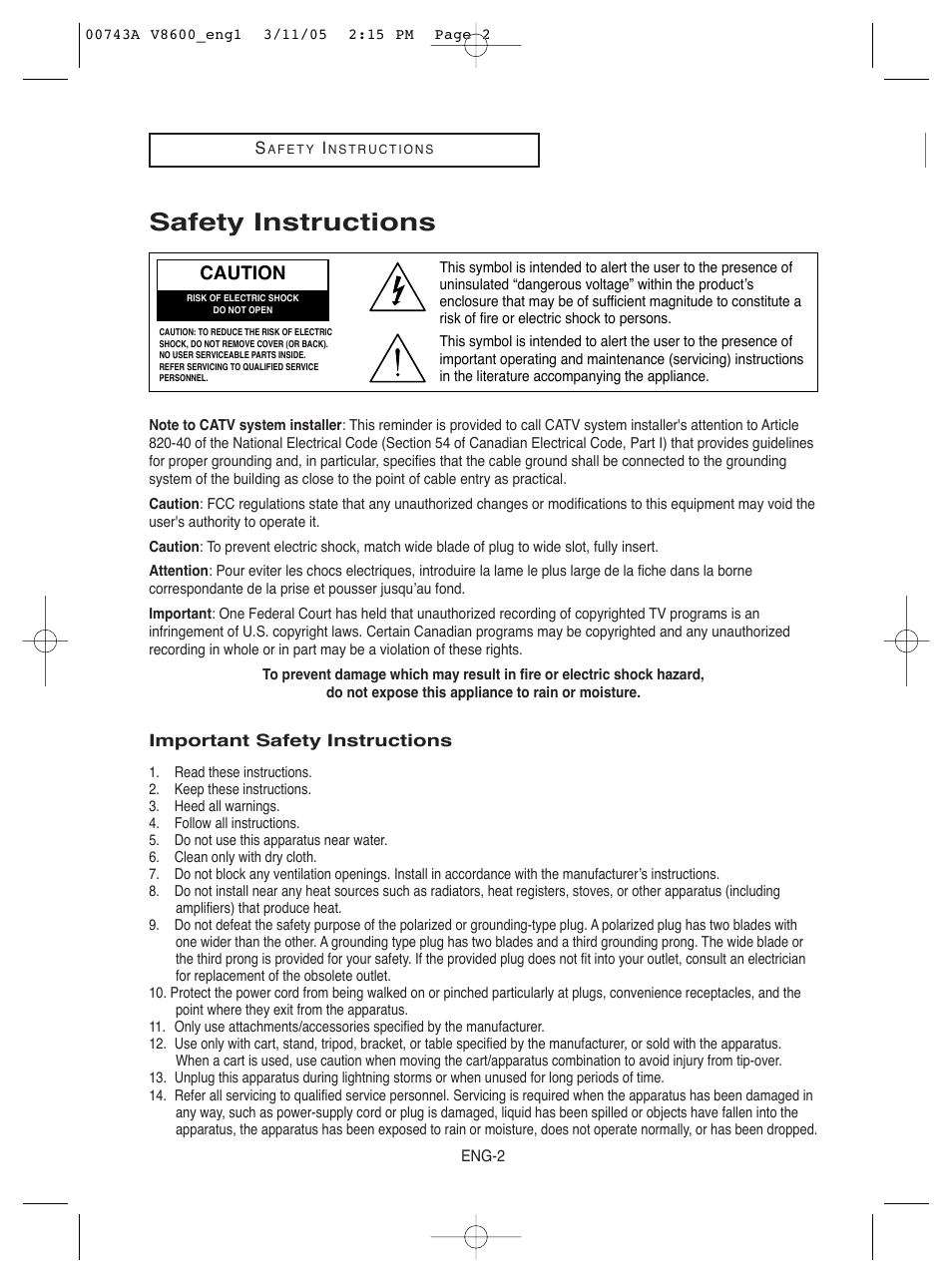 Safety instructions | Samsung DVD-V8600 User Manual | Page 2 / 87