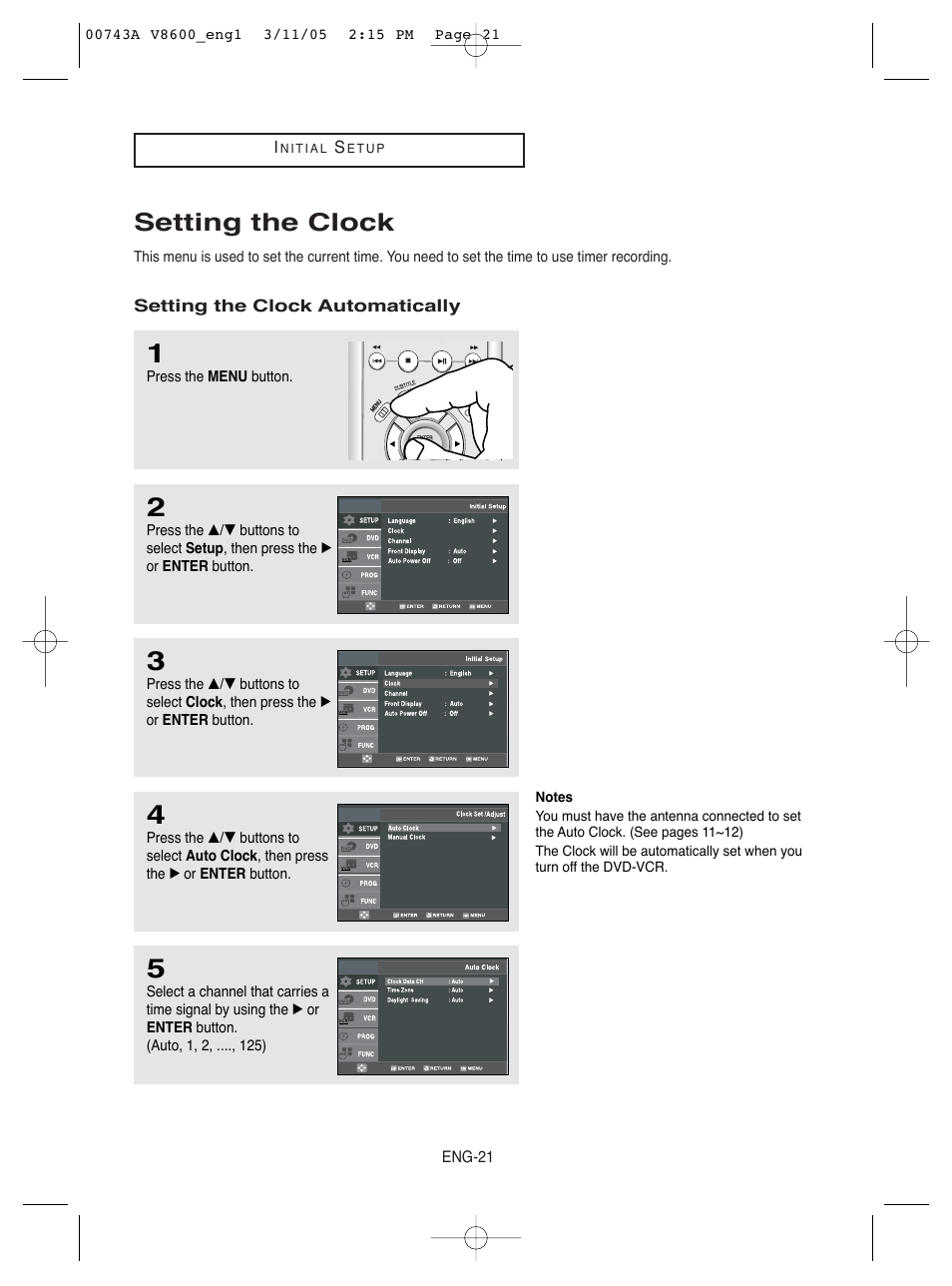 Setting the clock | Samsung DVD-V8600 User Manual | Page 21 / 87