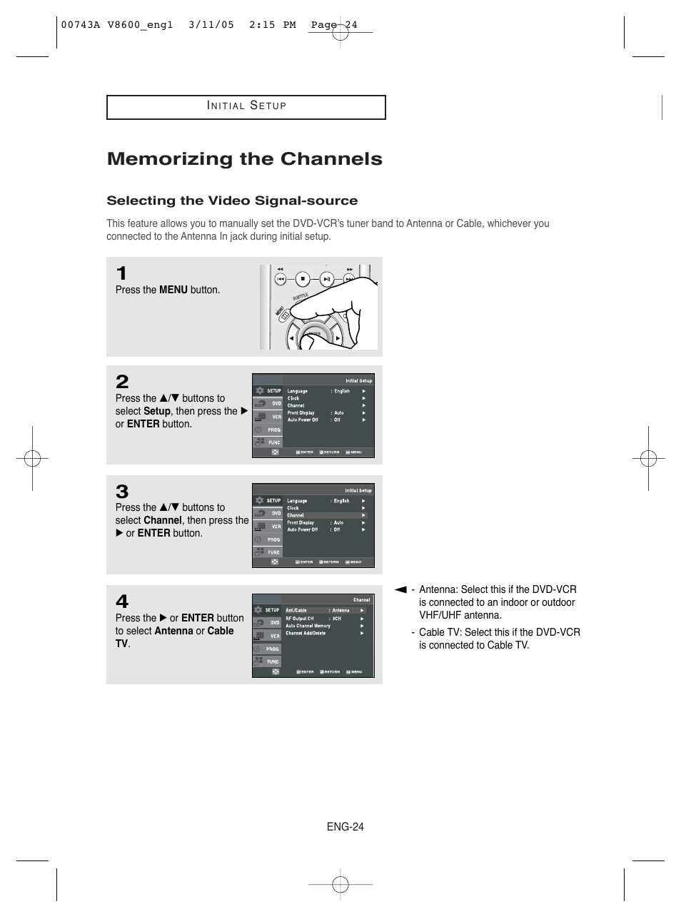 Memorizing the channels | Samsung DVD-V8600 User Manual | Page 24 / 87