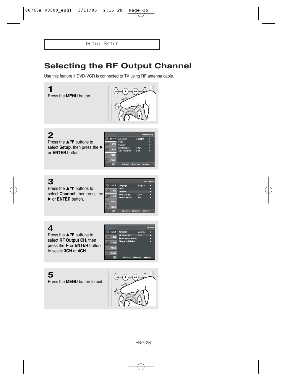 Selecting the rf output channel | Samsung DVD-V8600 User Manual | Page 26 / 87