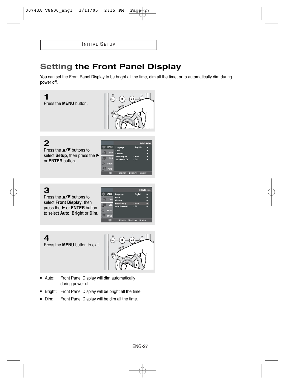 Setting the front panel display | Samsung DVD-V8600 User Manual | Page 27 / 87