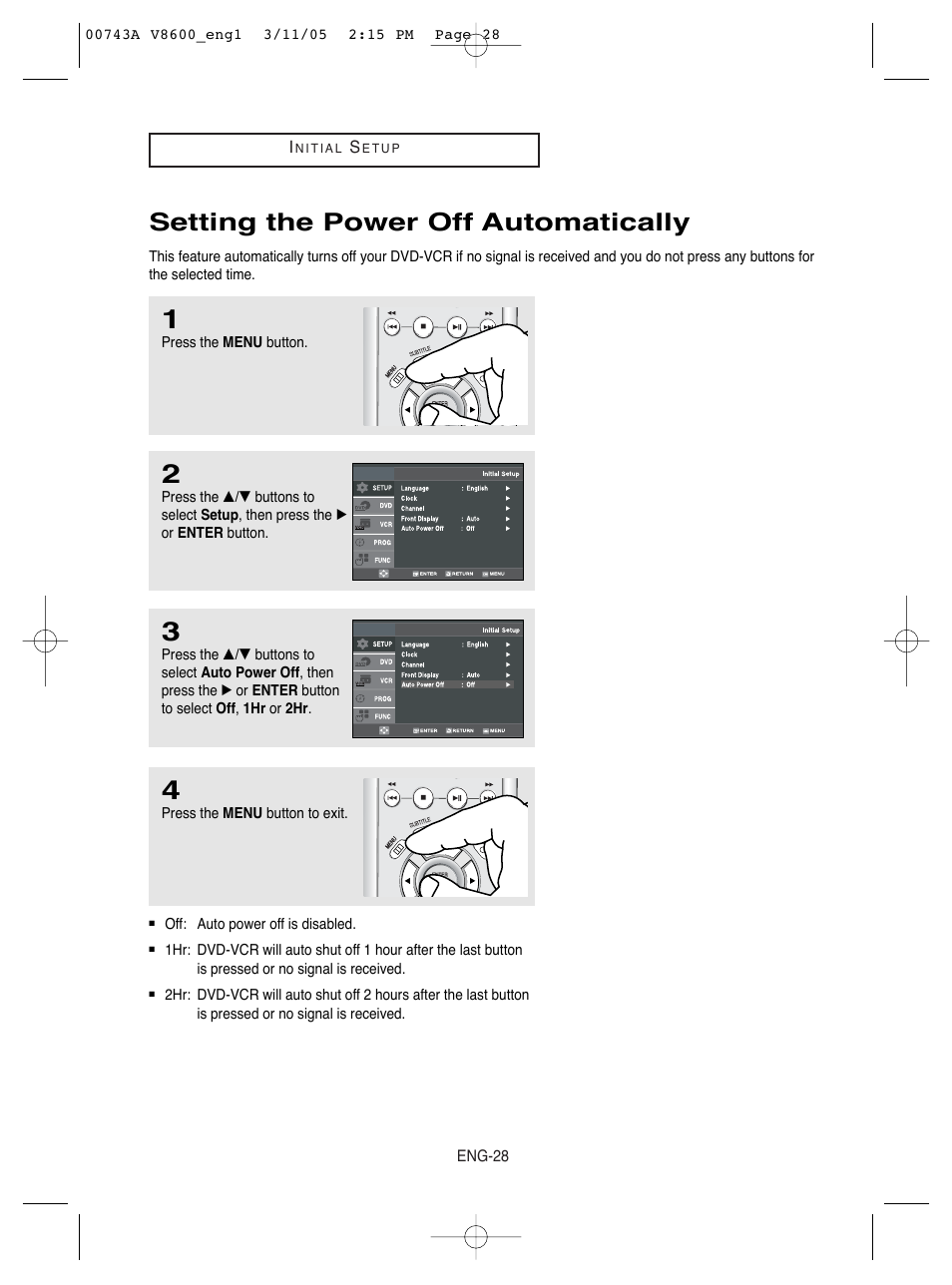 Setting the power off automatically | Samsung DVD-V8600 User Manual | Page 28 / 87