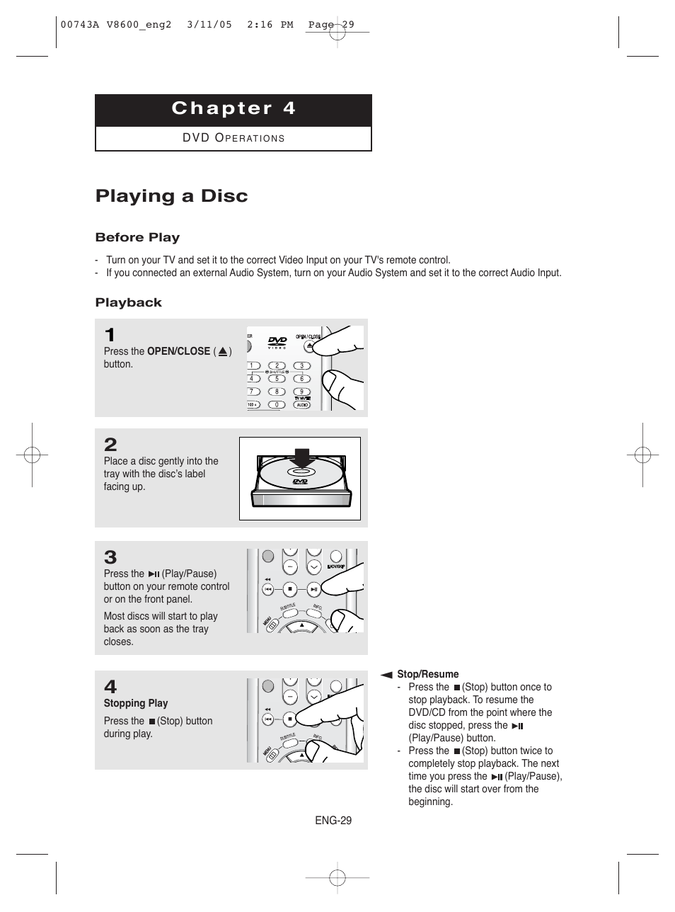 Chapter 4 dvd operations, Playing a disc | Samsung DVD-V8600 User Manual | Page 29 / 87