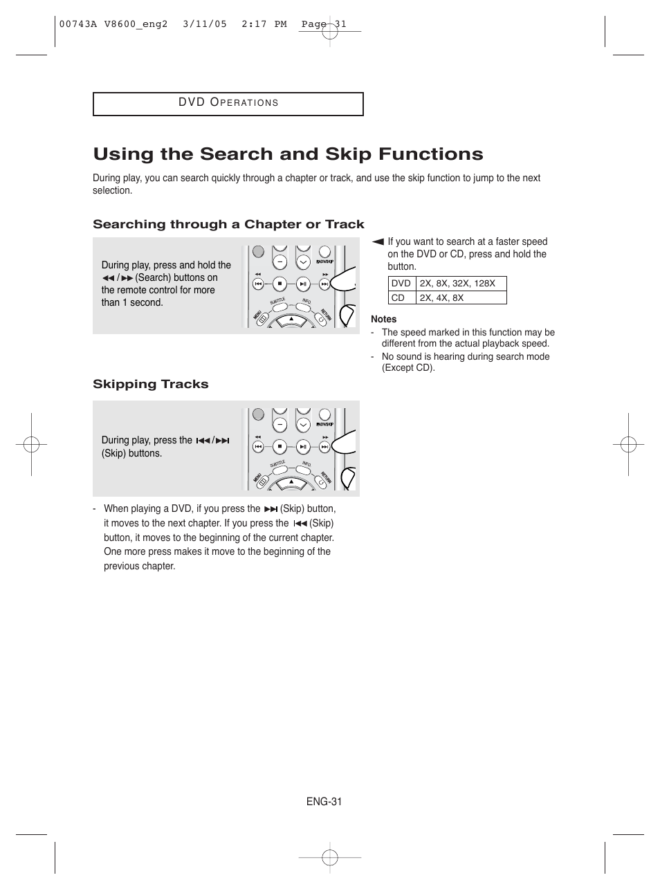 Using the search and skip functions | Samsung DVD-V8600 User Manual | Page 31 / 87