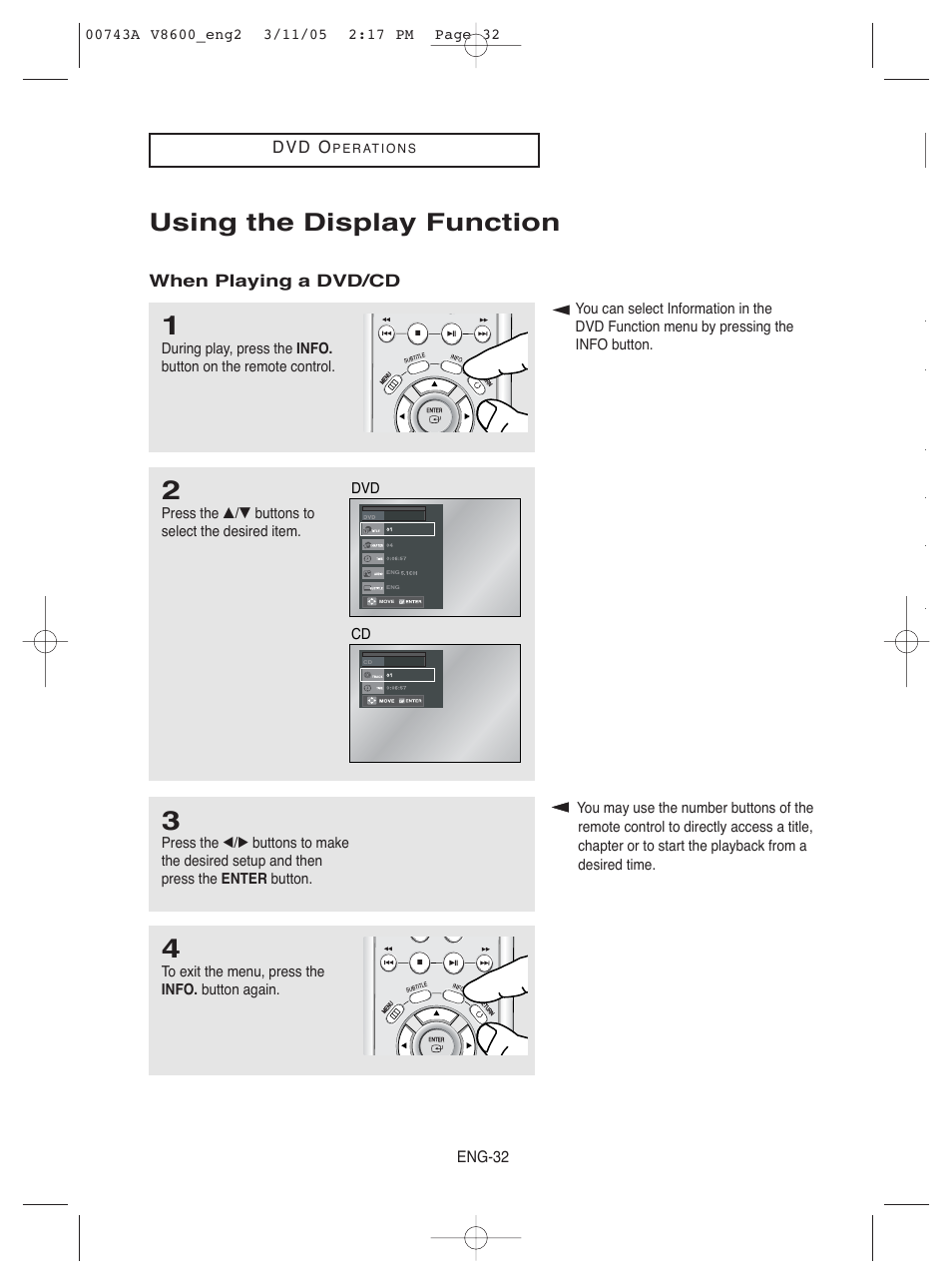 Using the display function | Samsung DVD-V8600 User Manual | Page 32 / 87