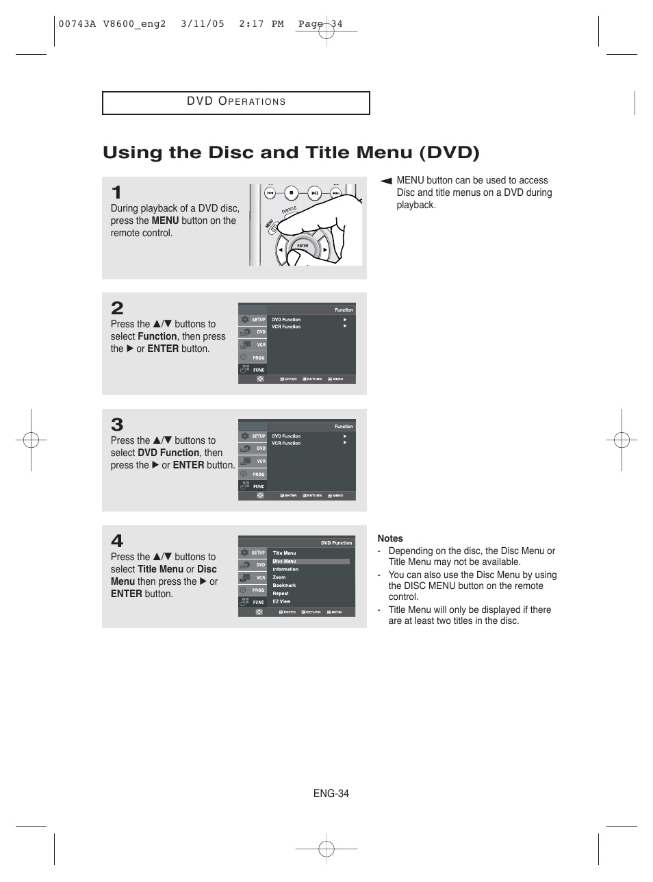 Using the disc and title menu (dvd) | Samsung DVD-V8600 User Manual | Page 34 / 87