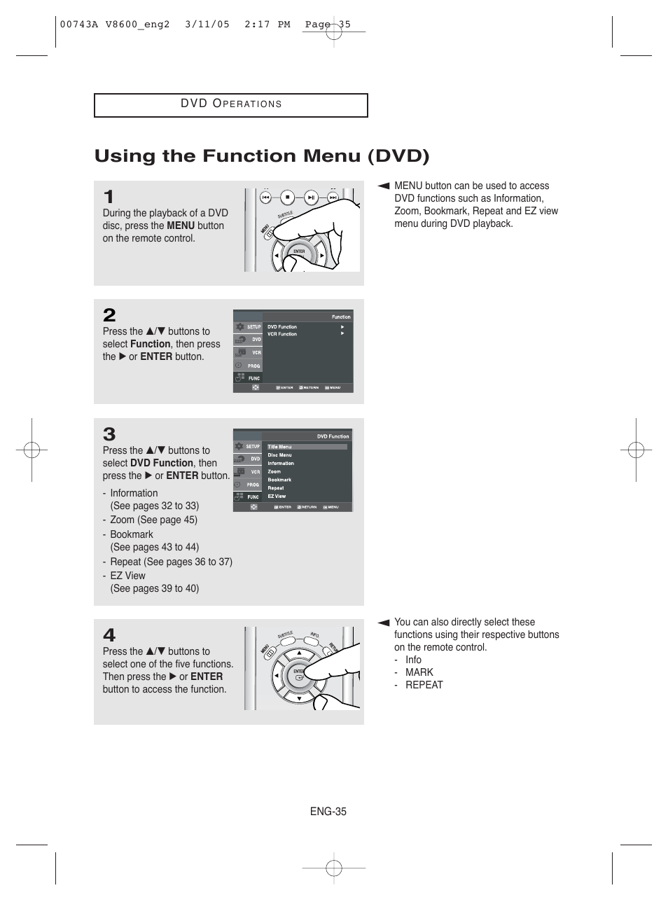 Using the function menu (dvd) | Samsung DVD-V8600 User Manual | Page 35 / 87