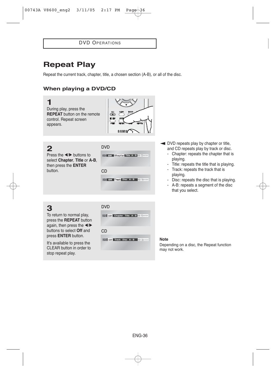 Repeat play, D v d o, When playing a dvd/cd | Samsung DVD-V8600 User Manual | Page 36 / 87