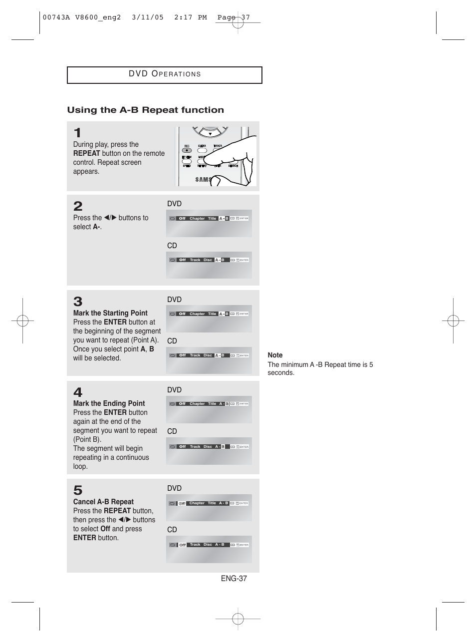 D v d o, Using the a-b repeat function, Eng-37 | Press the œ/√ buttons to select a | Samsung DVD-V8600 User Manual | Page 37 / 87