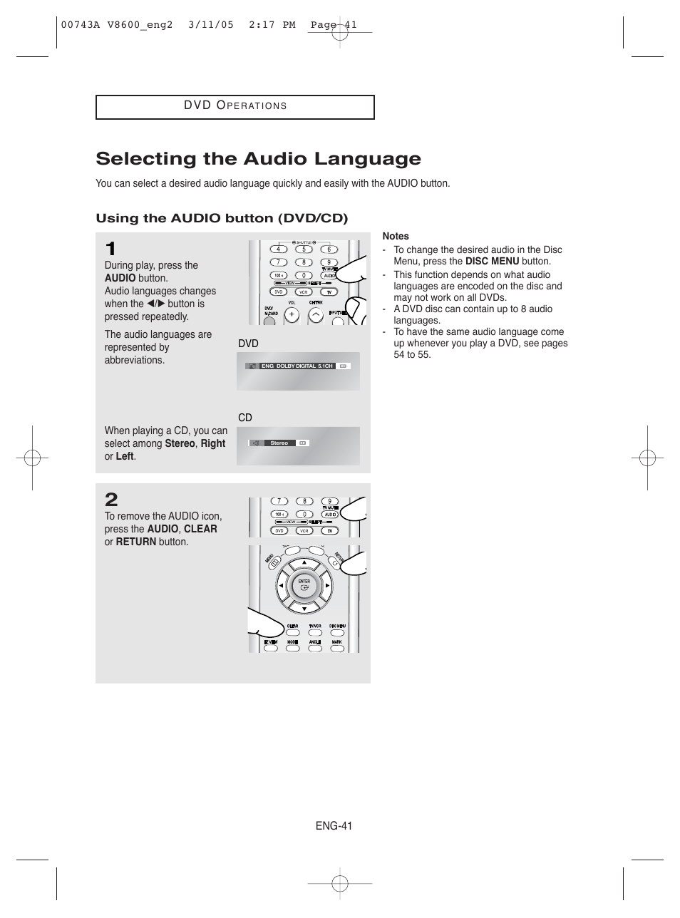 Selecting the audio language | Samsung DVD-V8600 User Manual | Page 41 / 87