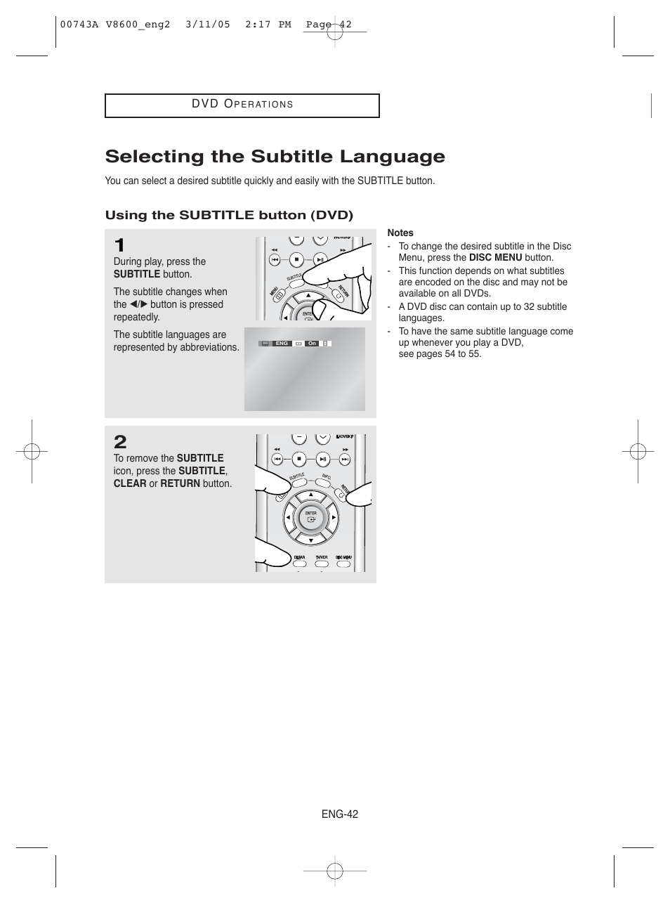 Selecting the subtitle language | Samsung DVD-V8600 User Manual | Page 42 / 87