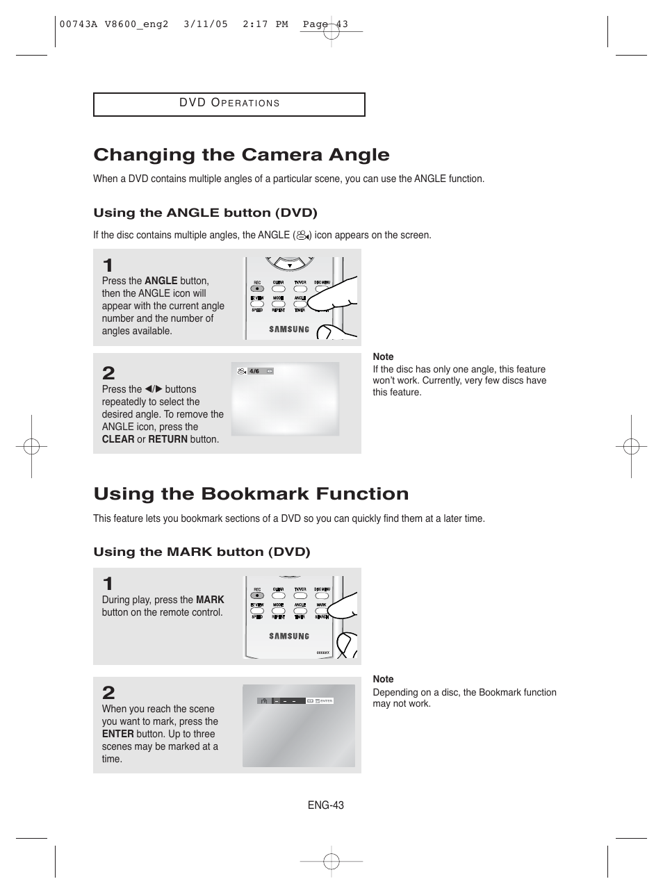 Changing the camera angle, Using the bookmark function | Samsung DVD-V8600 User Manual | Page 43 / 87