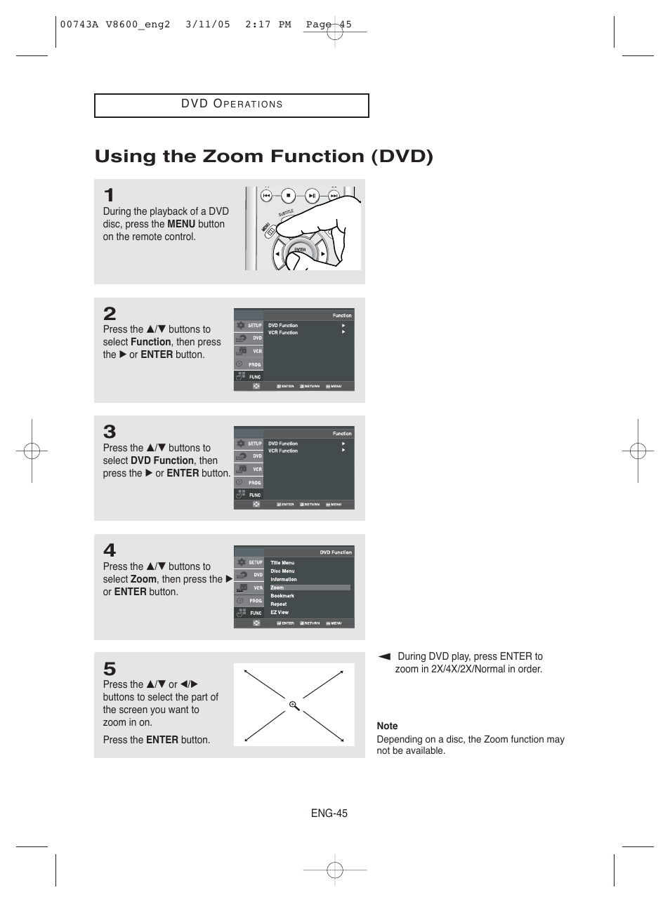 Using the zoom function (dvd) | Samsung DVD-V8600 User Manual | Page 45 / 87