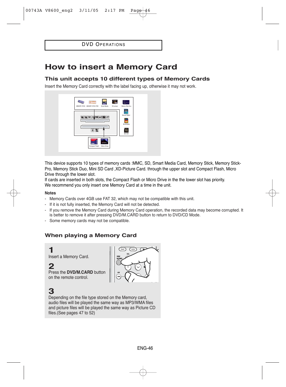 How to insert a memory card, D v d o | Samsung DVD-V8600 User Manual | Page 46 / 87