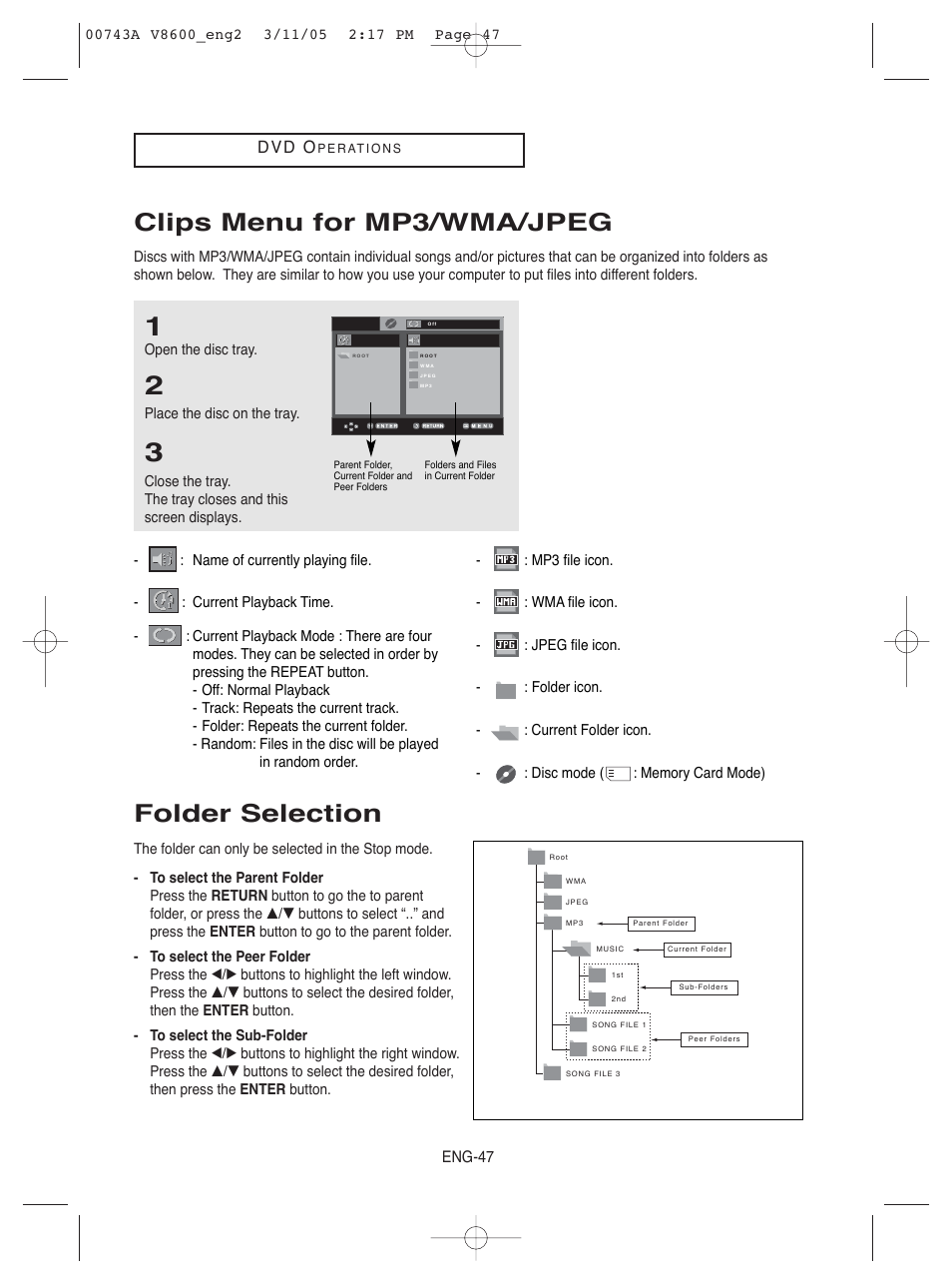 Clips menu for mp3/wma/jpeg, Folder selection, D v d o | Samsung DVD-V8600 User Manual | Page 47 / 87