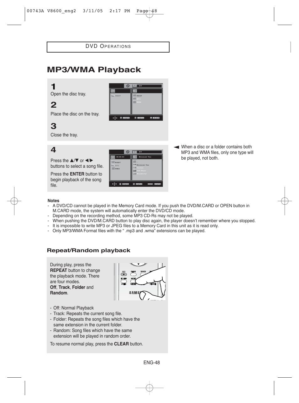 Mp3/wma playback, D v d o, Repeat/random playback | Eng-48, Open the disc tray, Place the disc on the tray, Close the tray | Samsung DVD-V8600 User Manual | Page 48 / 87