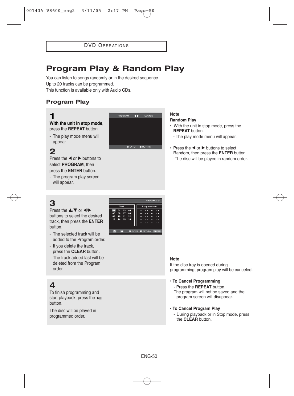 Program play & random play | Samsung DVD-V8600 User Manual | Page 50 / 87