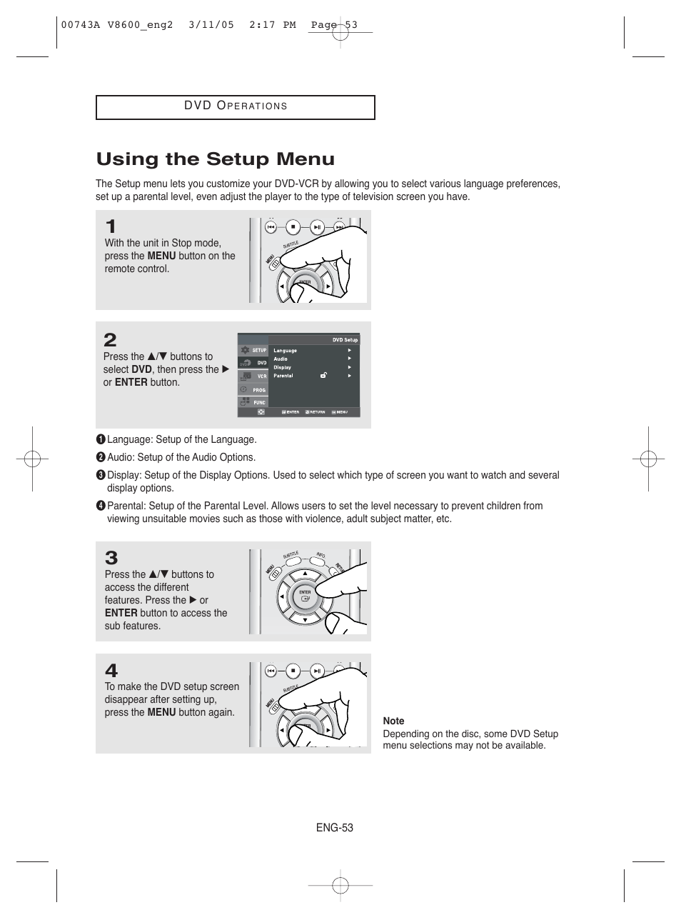 Using the setup menu | Samsung DVD-V8600 User Manual | Page 53 / 87