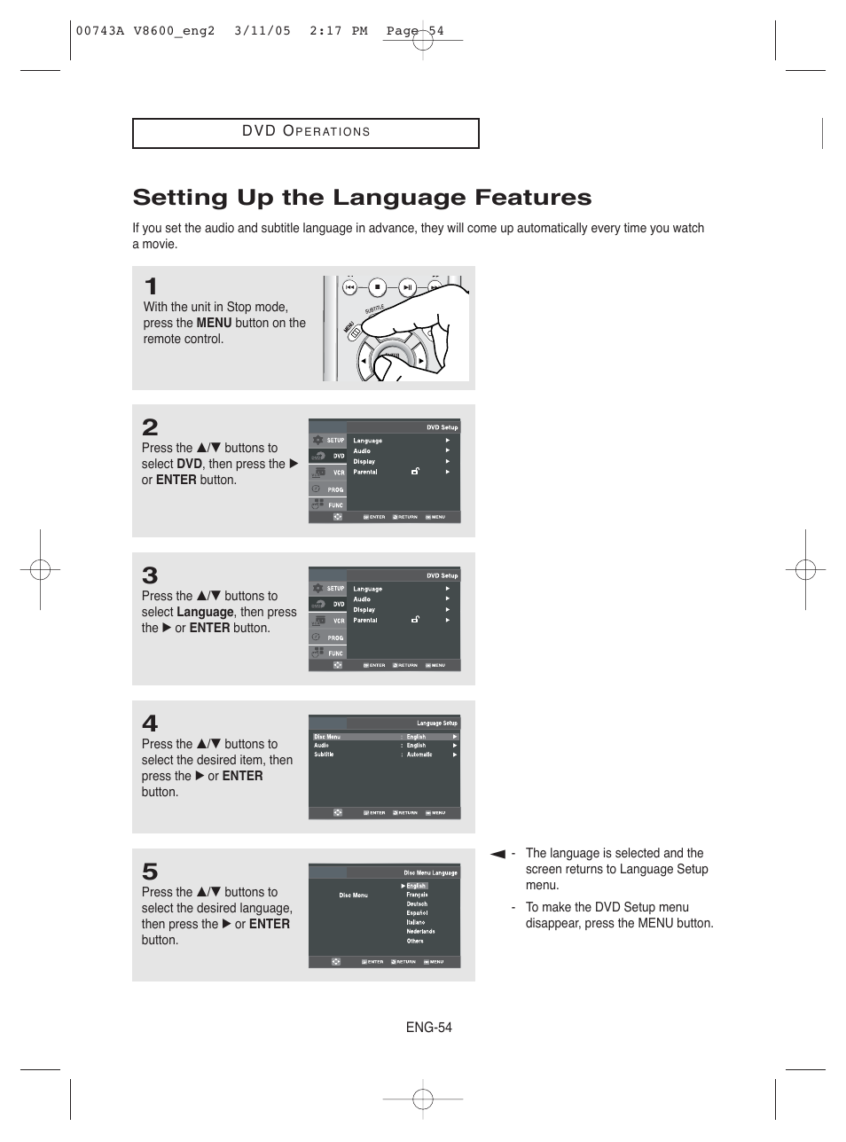 Setting up the language features | Samsung DVD-V8600 User Manual | Page 54 / 87