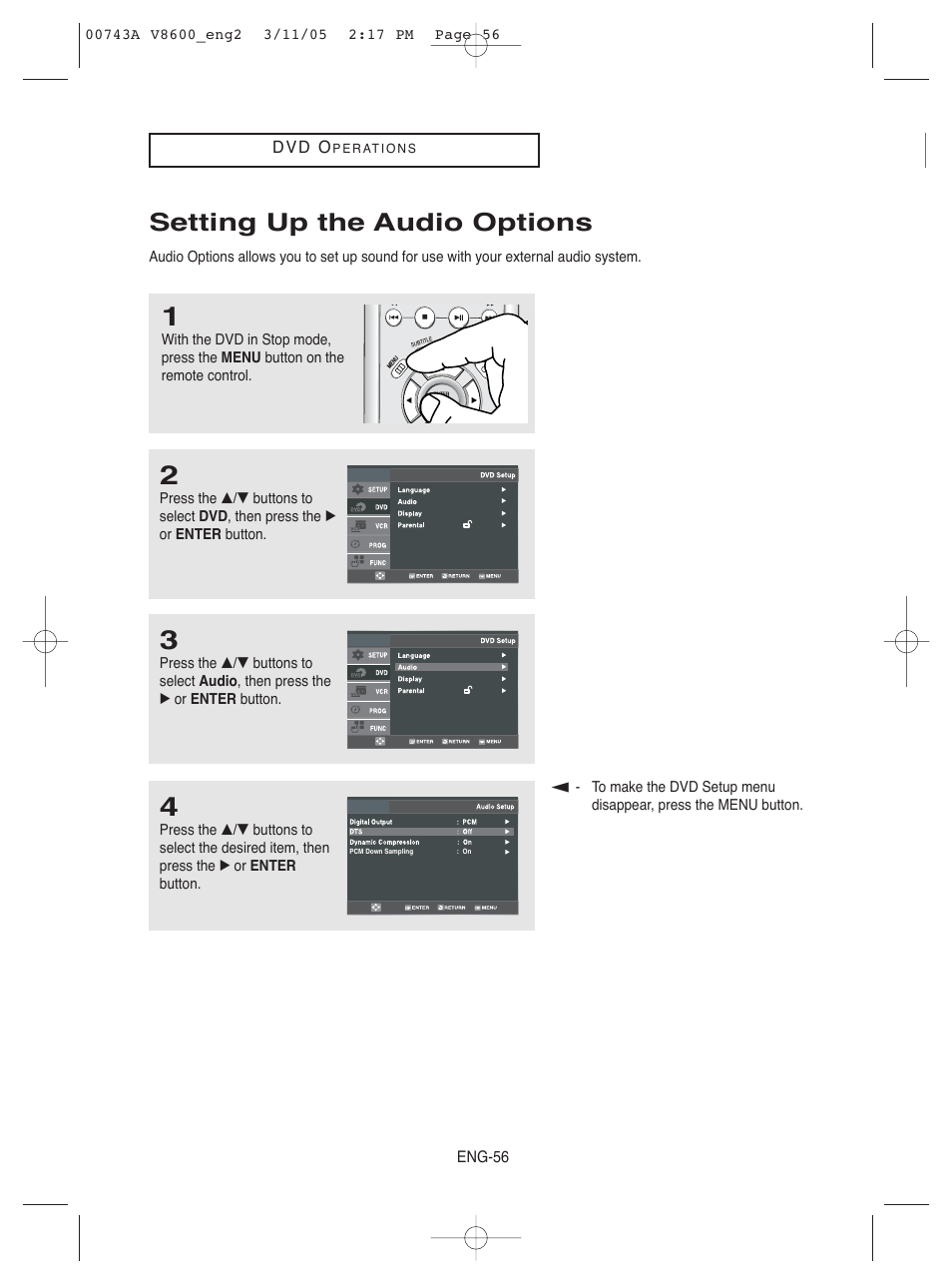 Setting up the audio options | Samsung DVD-V8600 User Manual | Page 56 / 87