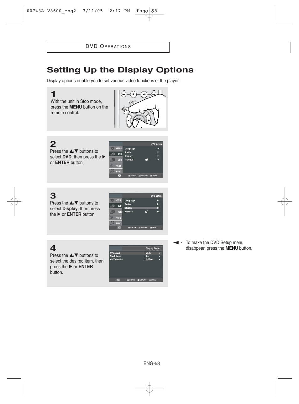 Setting up the display options | Samsung DVD-V8600 User Manual | Page 58 / 87