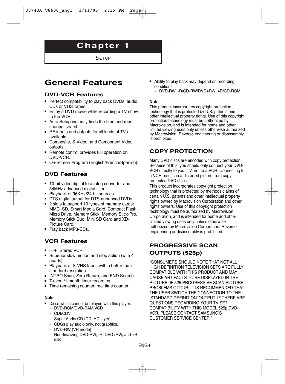 Chapter 1 setup, General features, Dvd-vcr features | Dvd features, Vcr features, Copy protection, Progressive scan outputs (525p) | Samsung DVD-V8600 User Manual | Page 6 / 87