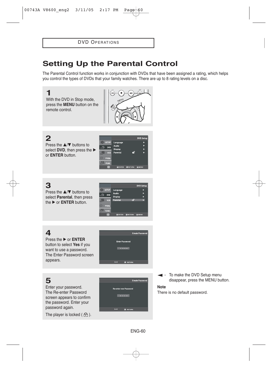 Setting up the parental control | Samsung DVD-V8600 User Manual | Page 60 / 87