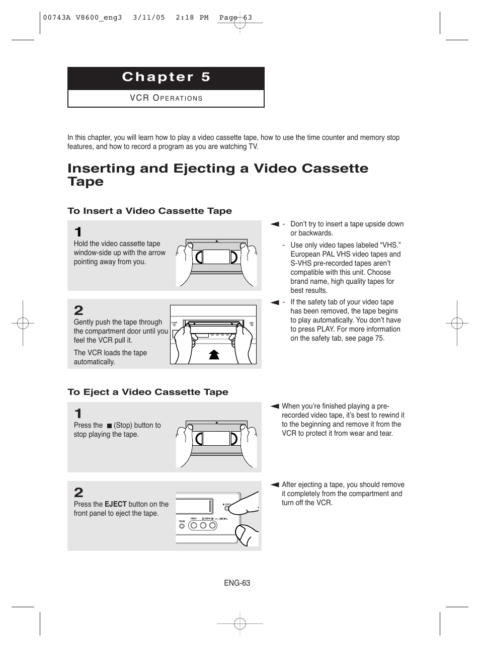 Chapter 5 vcr operations, Inserting and ejecting a video cassette tape | Samsung DVD-V8600 User Manual | Page 63 / 87