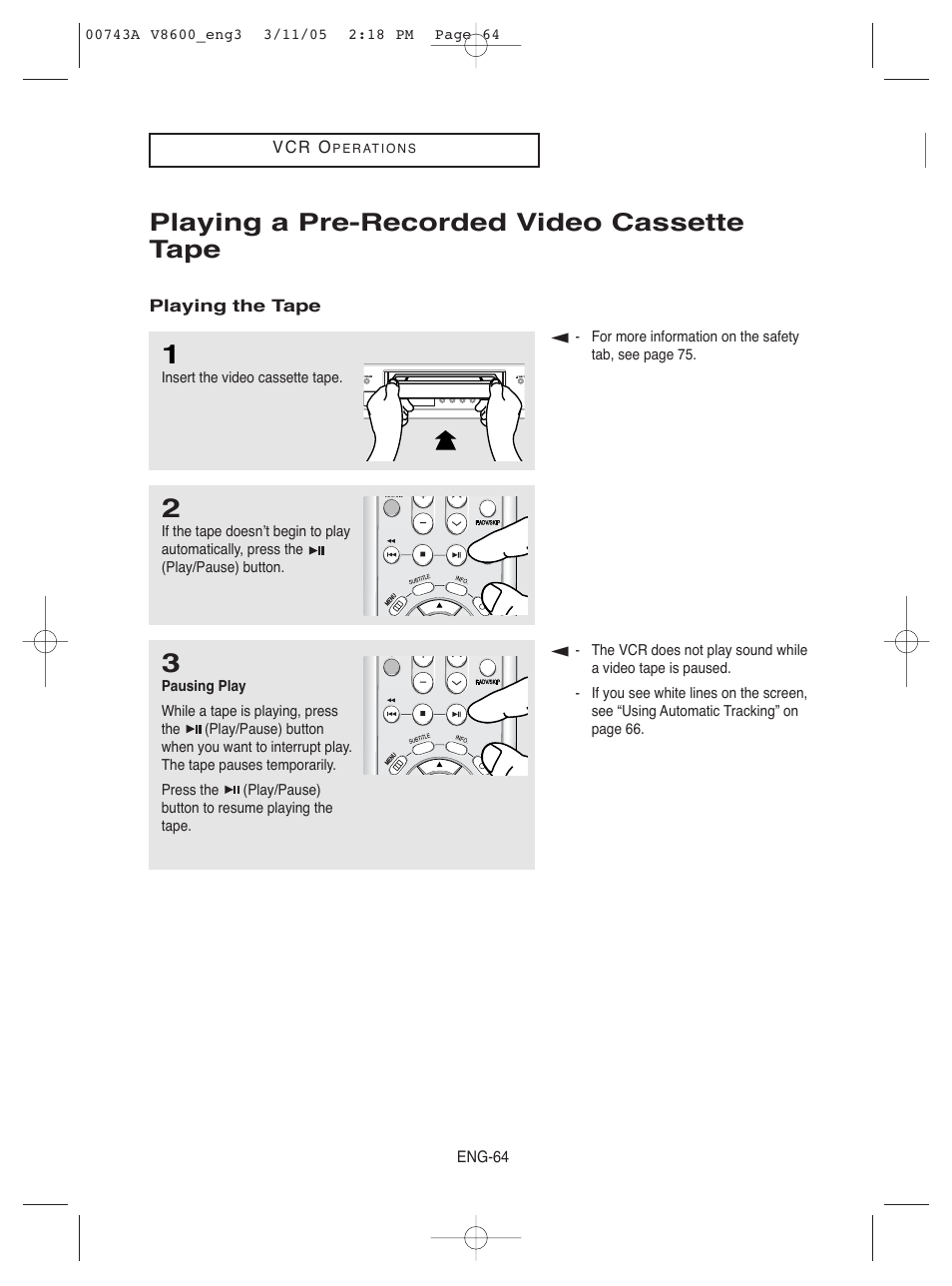 Playing a pre-recorded video cassette tape | Samsung DVD-V8600 User Manual | Page 64 / 87