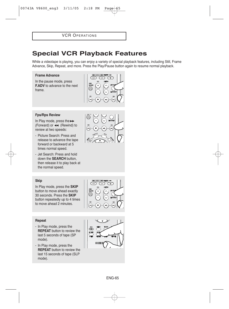 Special vcr playback features | Samsung DVD-V8600 User Manual | Page 65 / 87