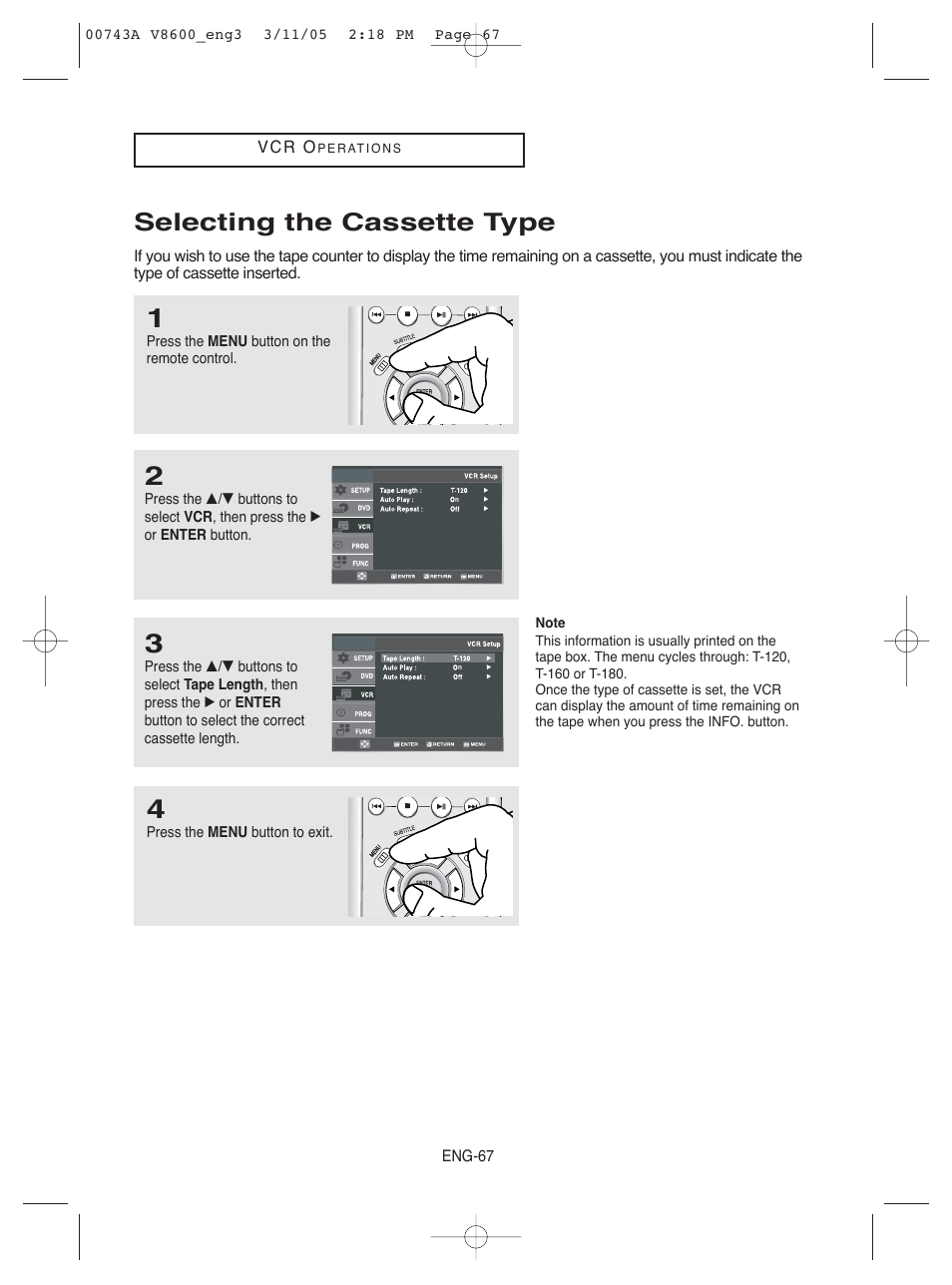 Selecting the cassette type | Samsung DVD-V8600 User Manual | Page 67 / 87