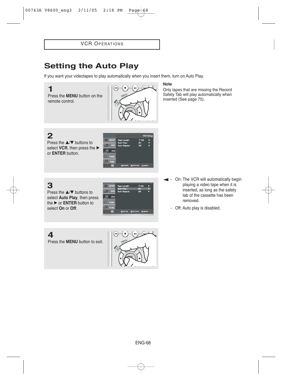 Setting the auto play | Samsung DVD-V8600 User Manual | Page 68 / 87