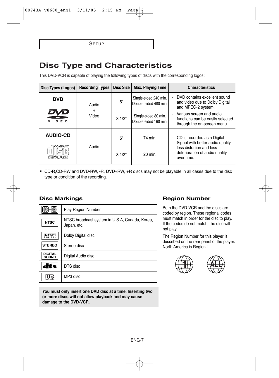 Disc type and characteristics | Samsung DVD-V8600 User Manual | Page 7 / 87