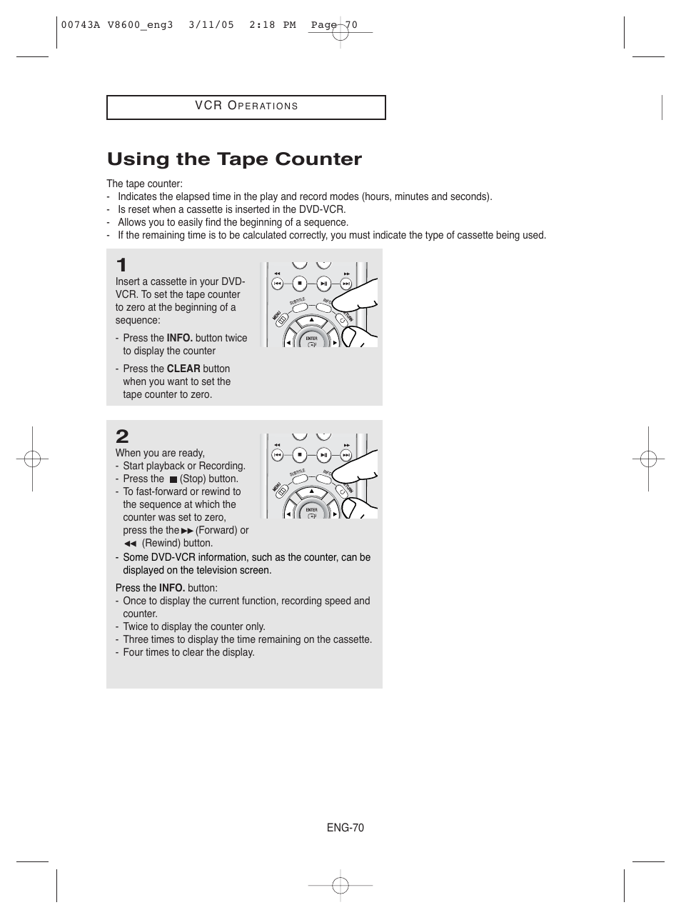 Using the tape counter | Samsung DVD-V8600 User Manual | Page 70 / 87