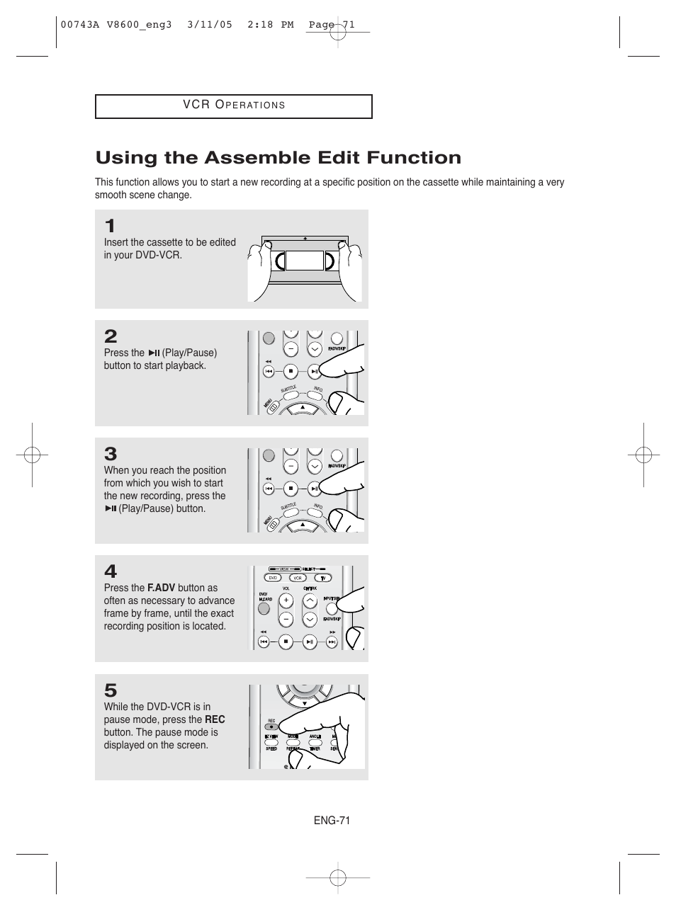 Using the assemble edit function | Samsung DVD-V8600 User Manual | Page 71 / 87