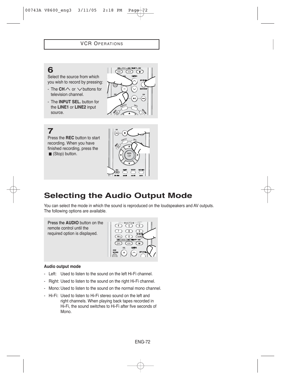 Selecting the audio output mode | Samsung DVD-V8600 User Manual | Page 72 / 87